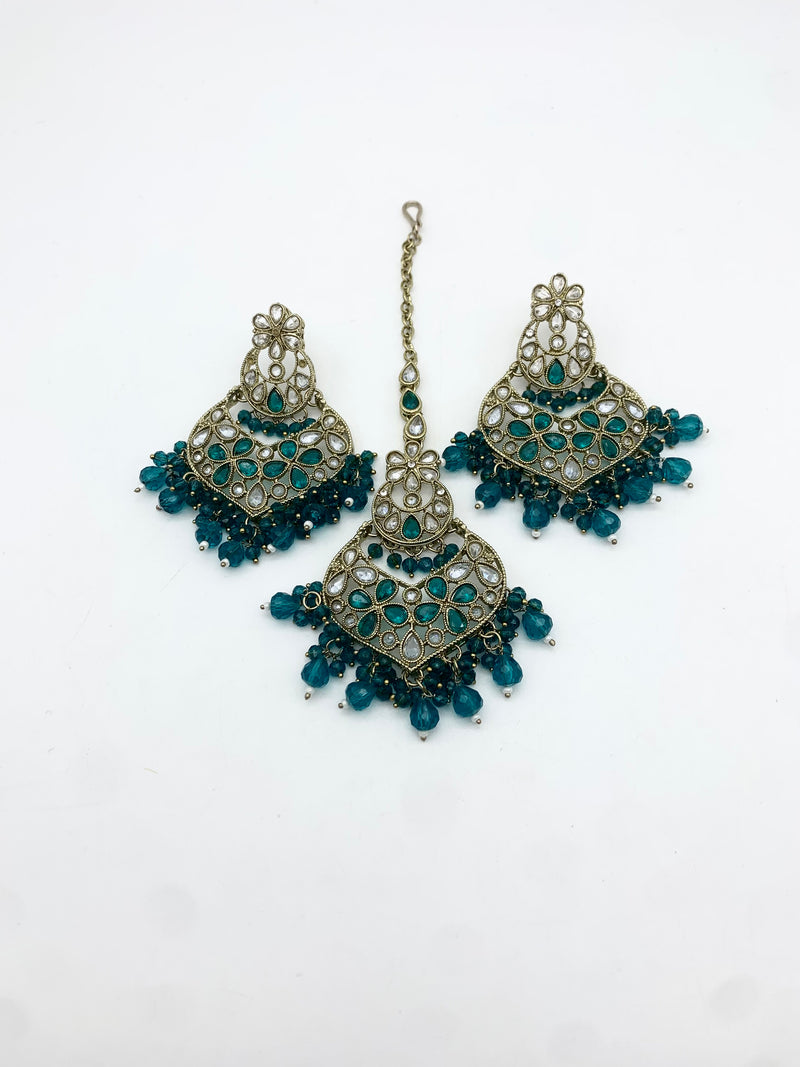 AM 600 Gold and Teal earring and tikka set Polki