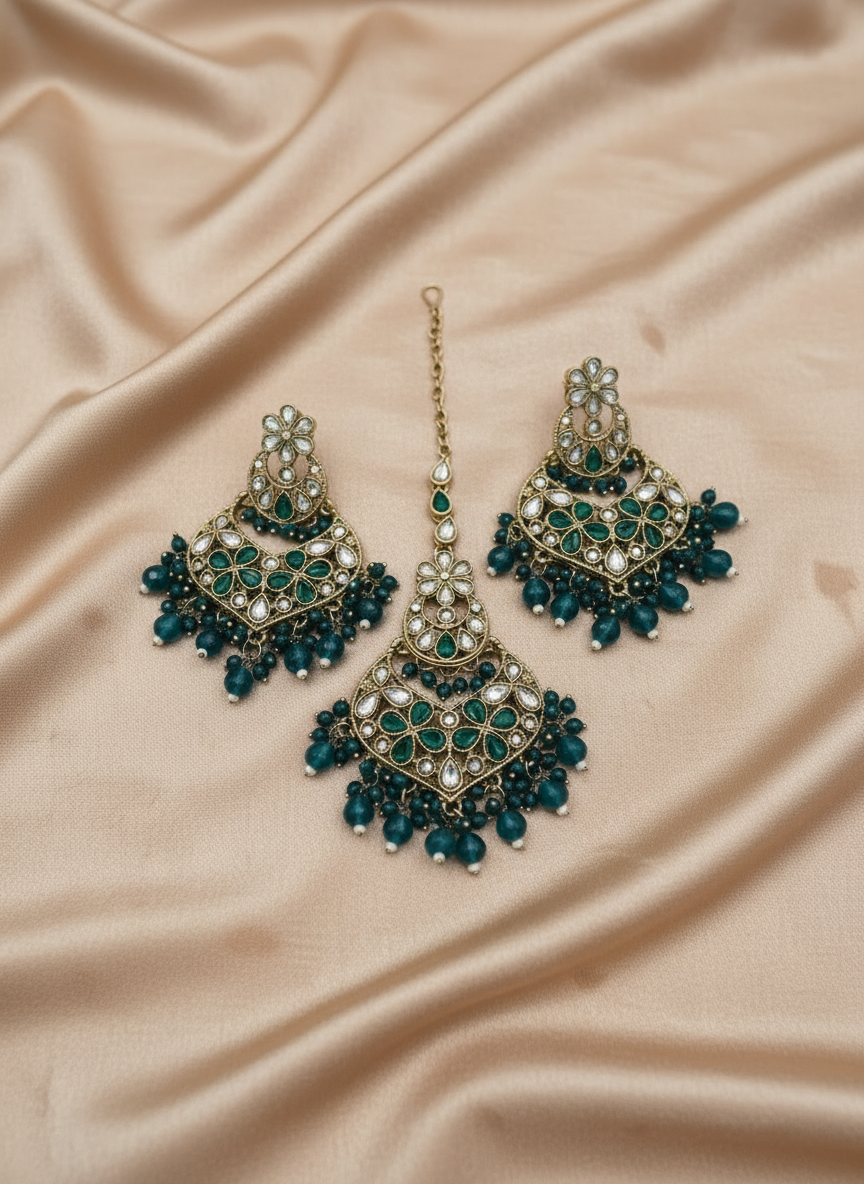 AM 600 Gold and Teal earring and tikka set Polki