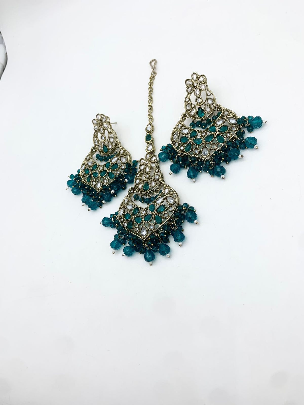 AM 600 Gold and Teal earring and tikka set Polki