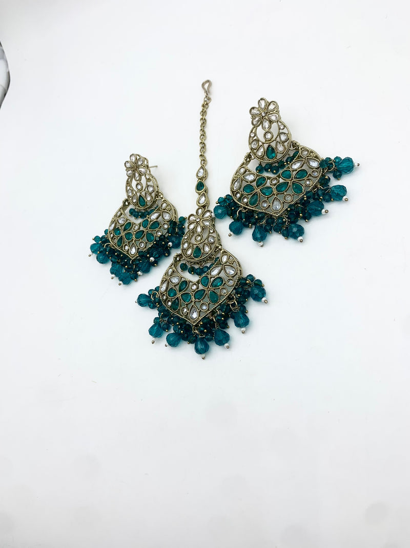 AM 600 Gold and Teal earring and tikka set Polki