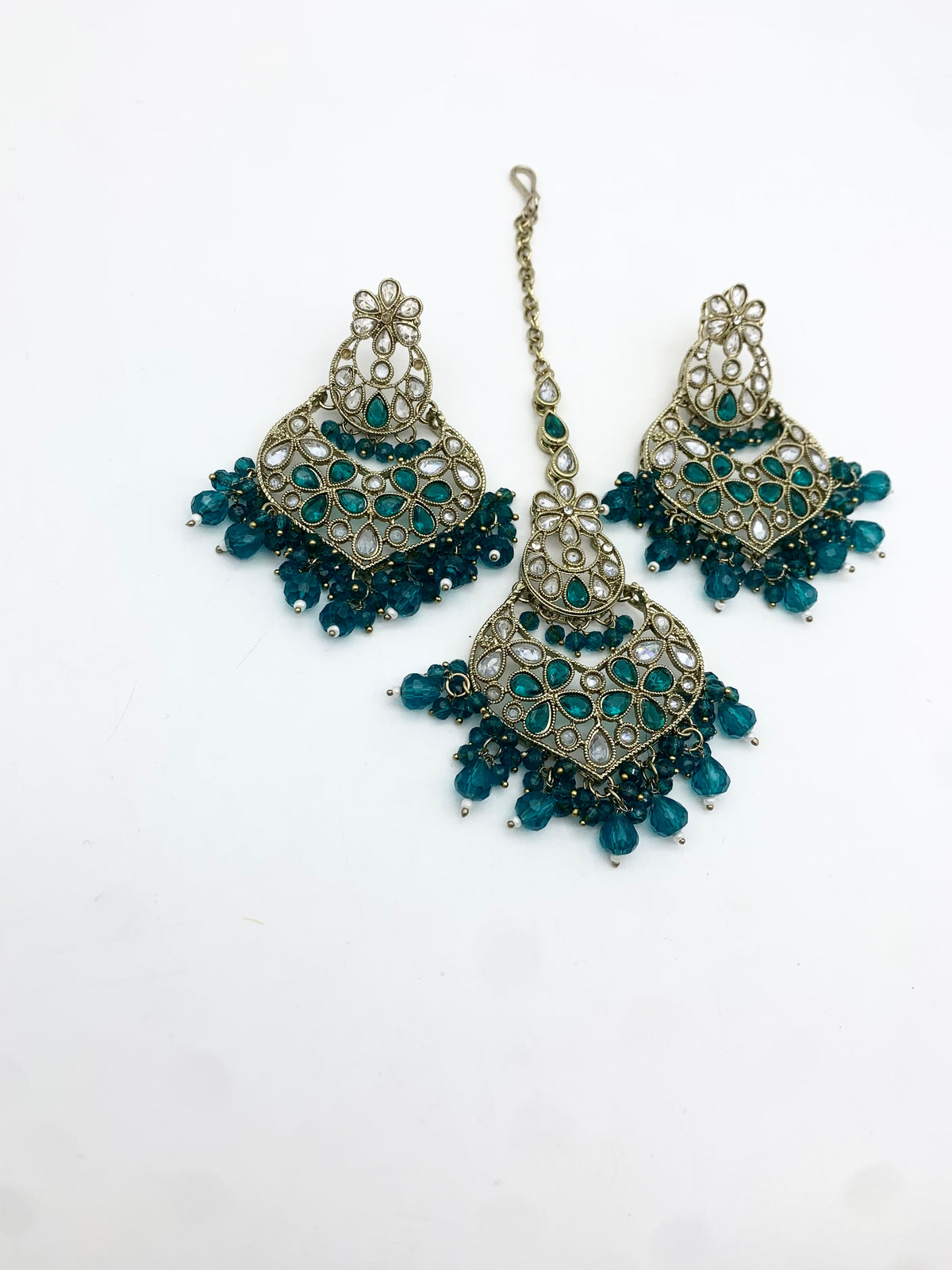 AM 600 Gold and Teal earring and tikka set Polki