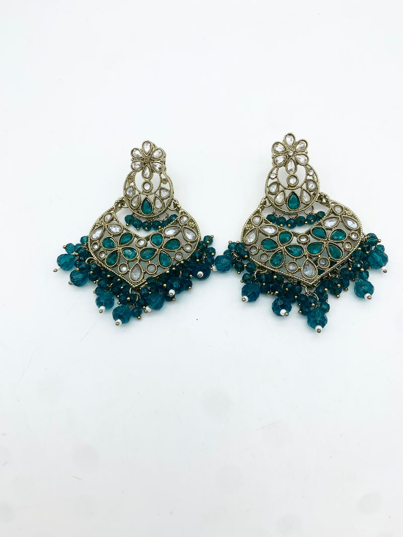 AM 600 Gold and Teal earring and tikka set Polki