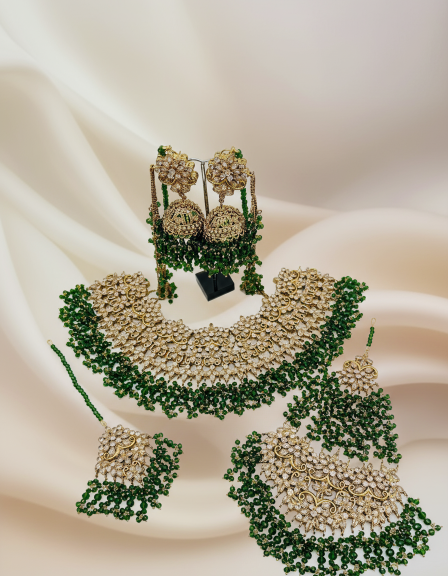 AM9027 Gold and Green bridal necklace set Polki