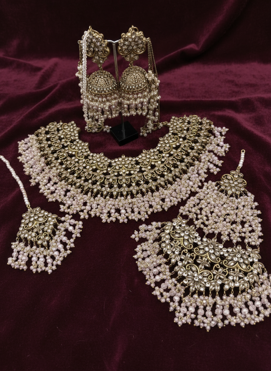 AM9027 Gold and Pink bridal necklace set with crystal and Polki