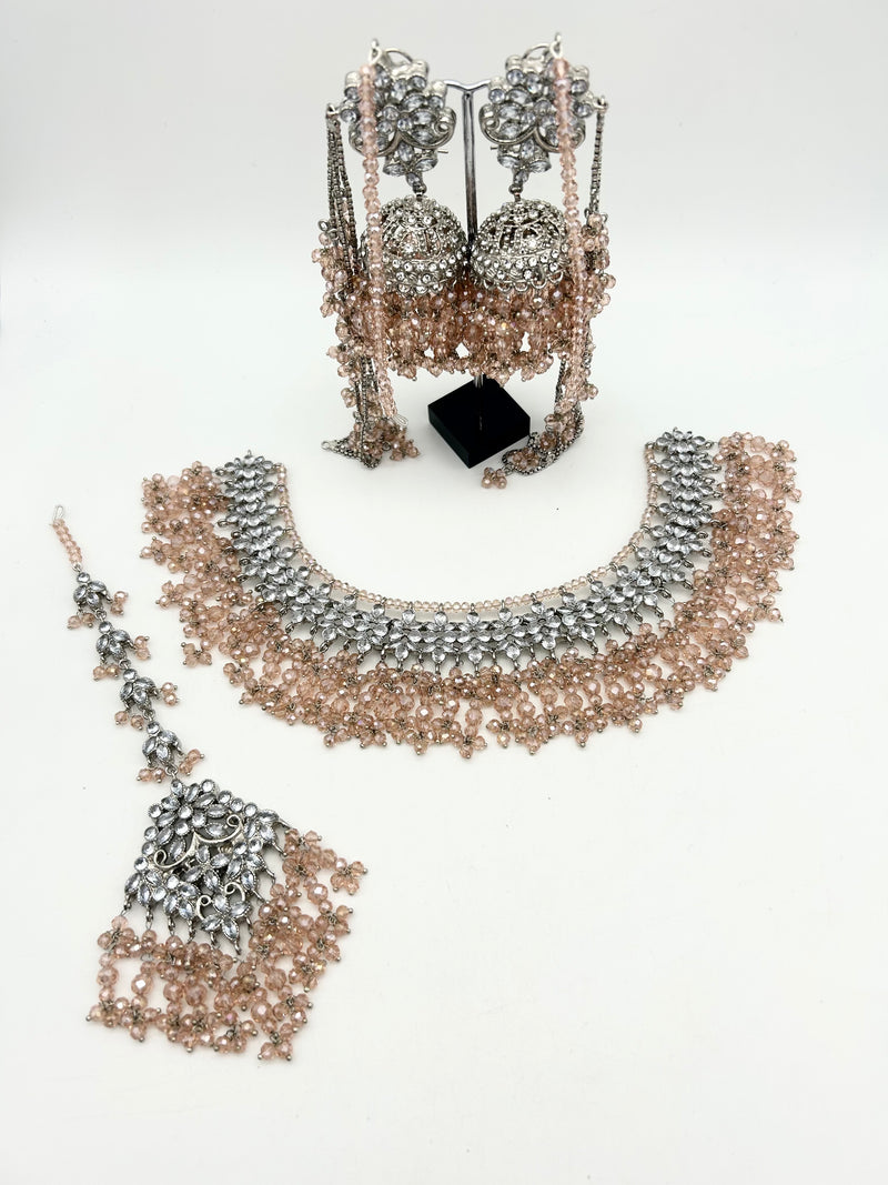 AM9026 Silver and Pink Bridal Necklace Set Polki