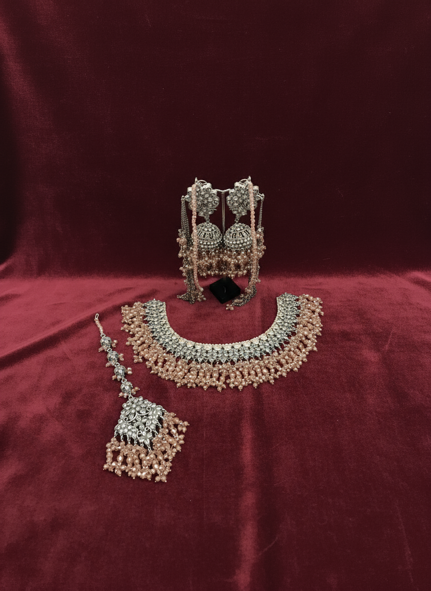 AM9026 Silver and Pink Bridal Necklace Set Polki