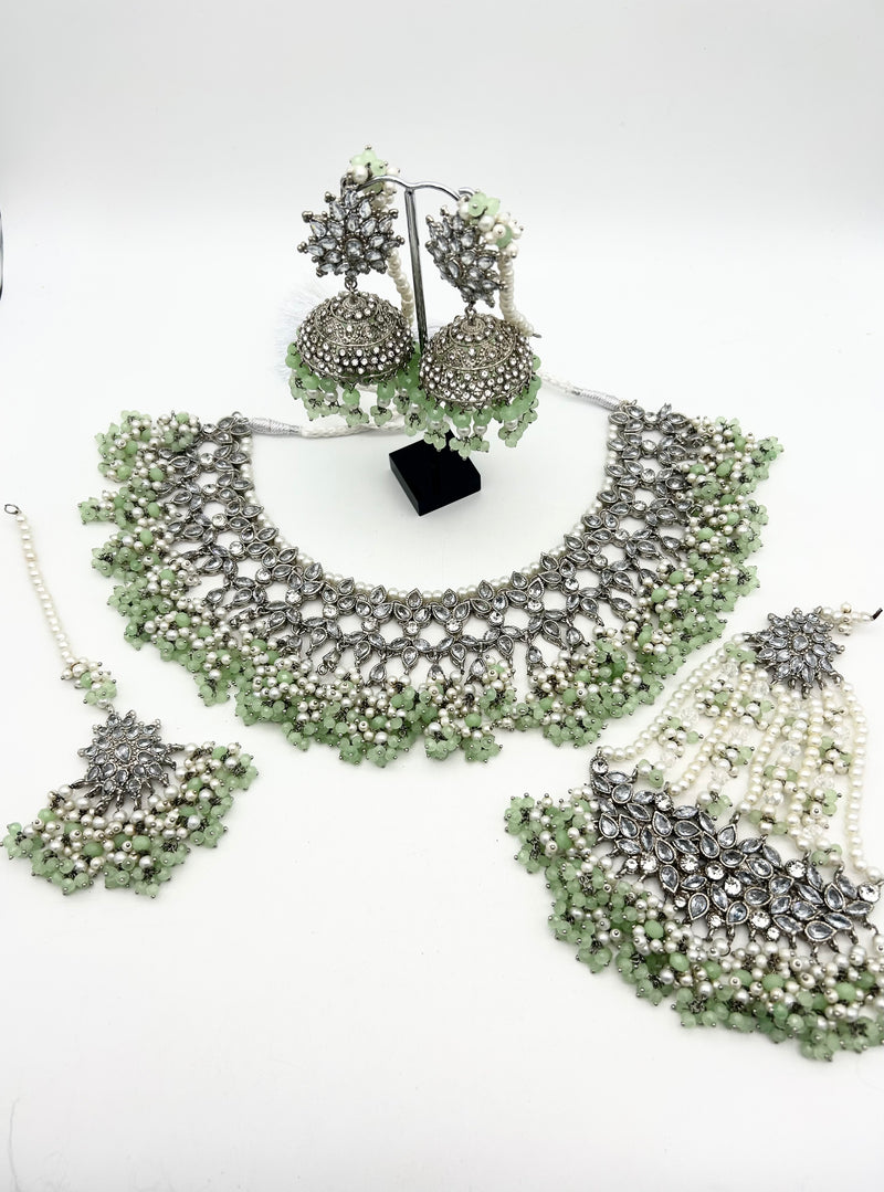 AM060 Silver and Mint Bridal Necklace set Polki