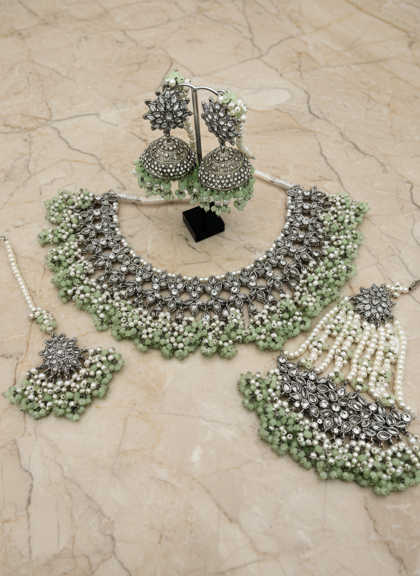 AM060 Silver and Mint Bridal Necklace set Polki