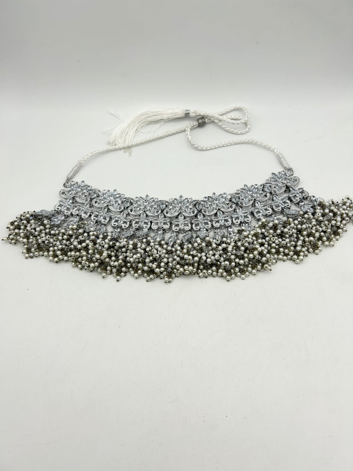 AM041 Antique Silver and Pearl bridal necklace set Polki