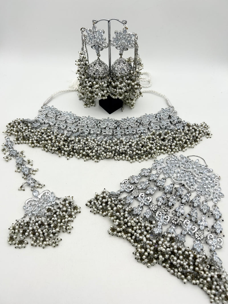 AM041 Antique Silver and Pearl bridal necklace set Polki