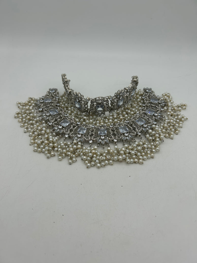 AM300 silver bridal necklace and choker set Polki