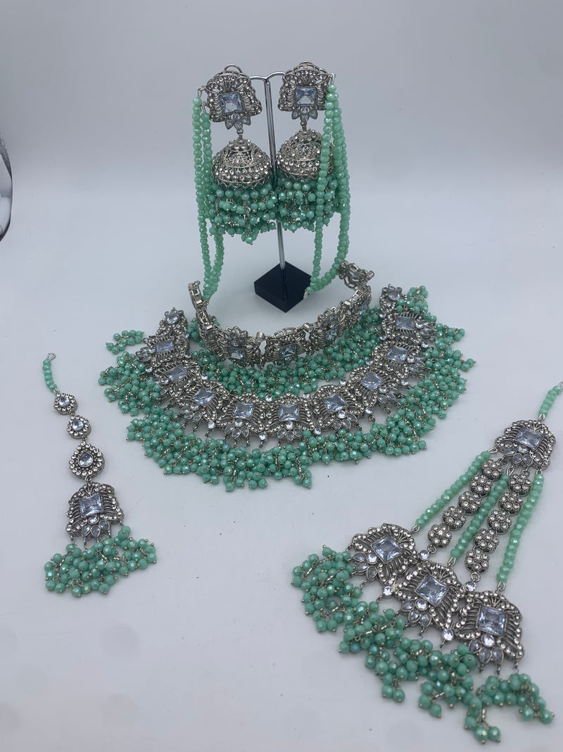 AM300 White and Mint Bridal necklace and choker set Polki