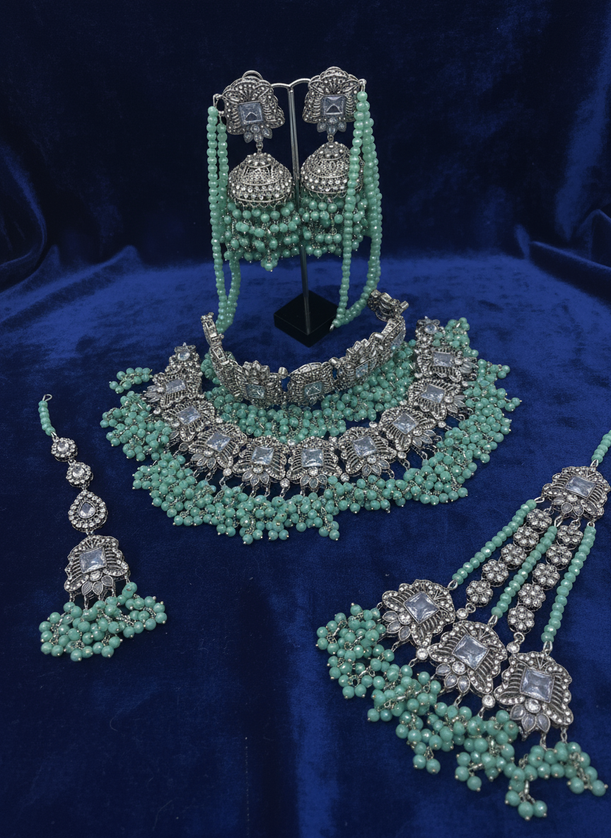 AM300 White and Mint Bridal necklace and choker set Polki