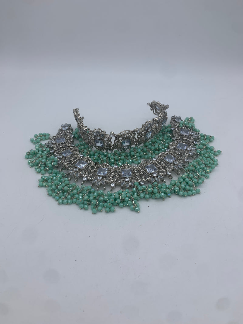 AM300 White and Mint Bridal necklace and choker set Polki