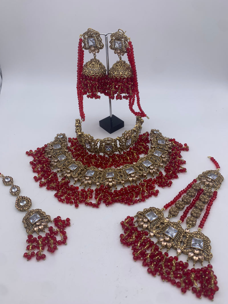 AM300 Gold and Red bridal necklace and choker set polki