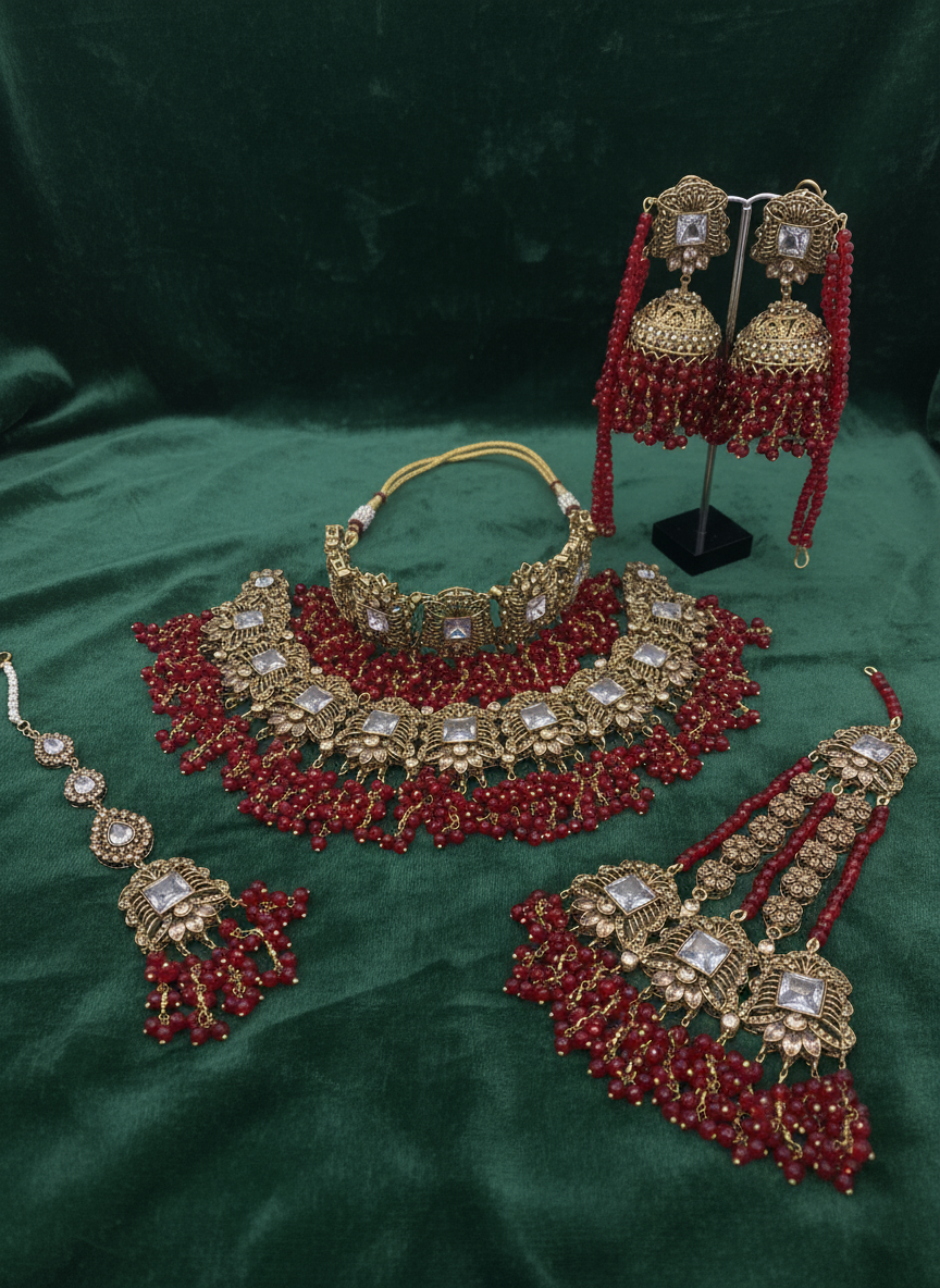 AM300 Gold and Red bridal necklace and choker set polki