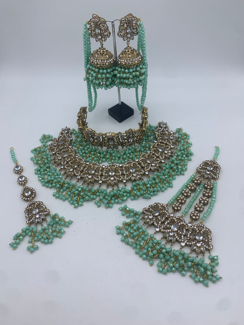 AM301 Gold and Mint Bridal Necklace Choker set Polki