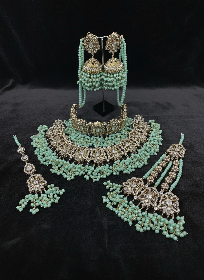 AM301 Gold and Mint Bridal Necklace Choker set Polki