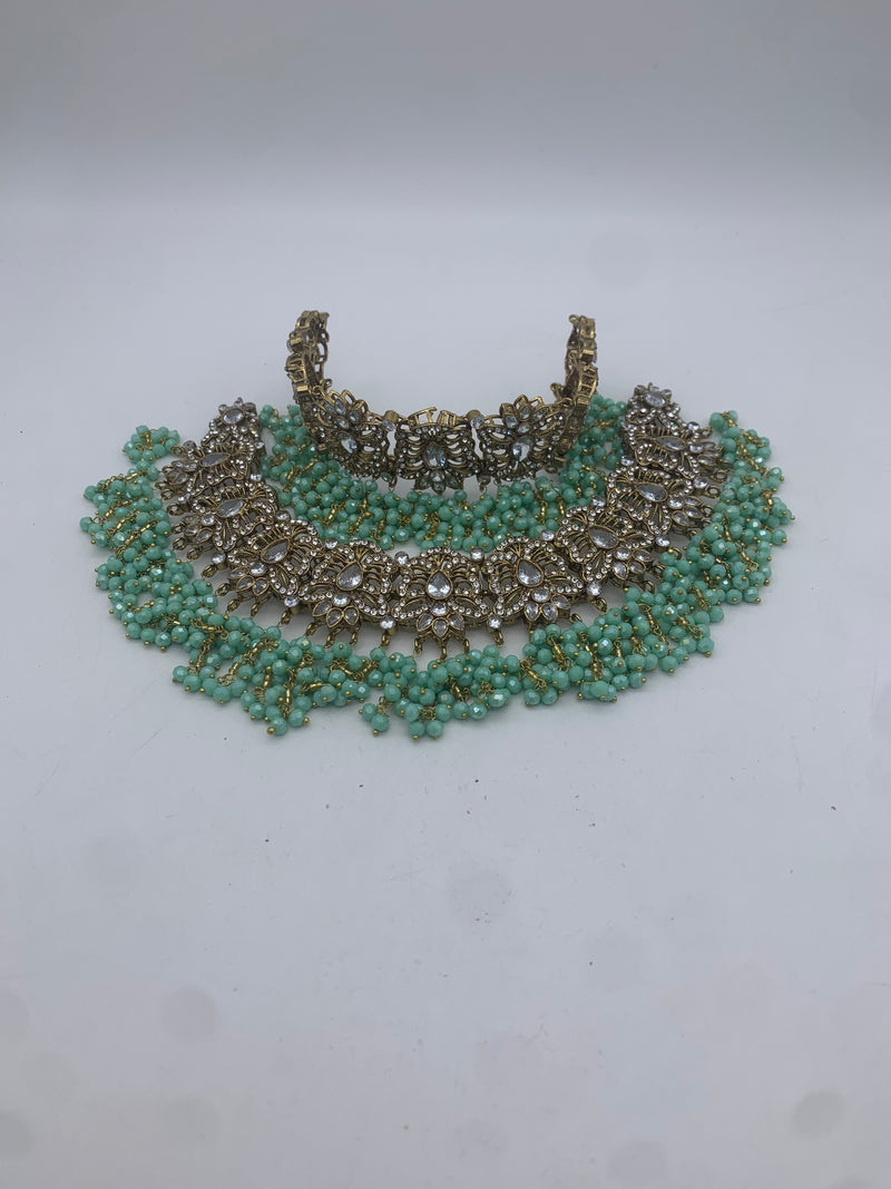 AM301 Gold and Mint Bridal Necklace Choker set Polki