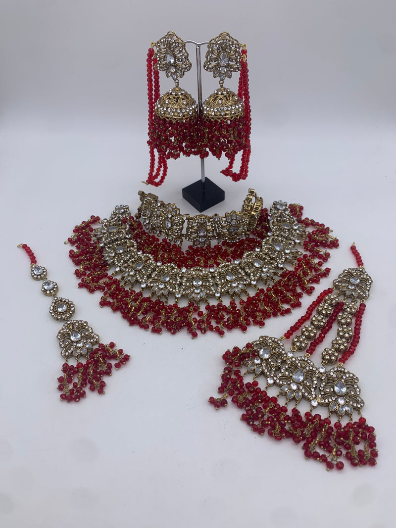 AM301 Gold and Red Bridal necklace and choker set Polki