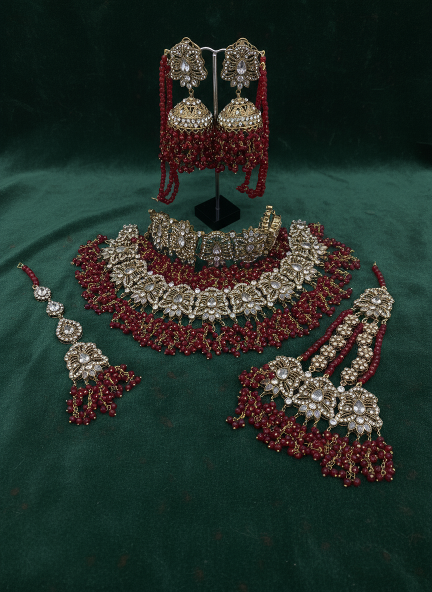 AM301 Gold and Red Bridal necklace and choker set Polki