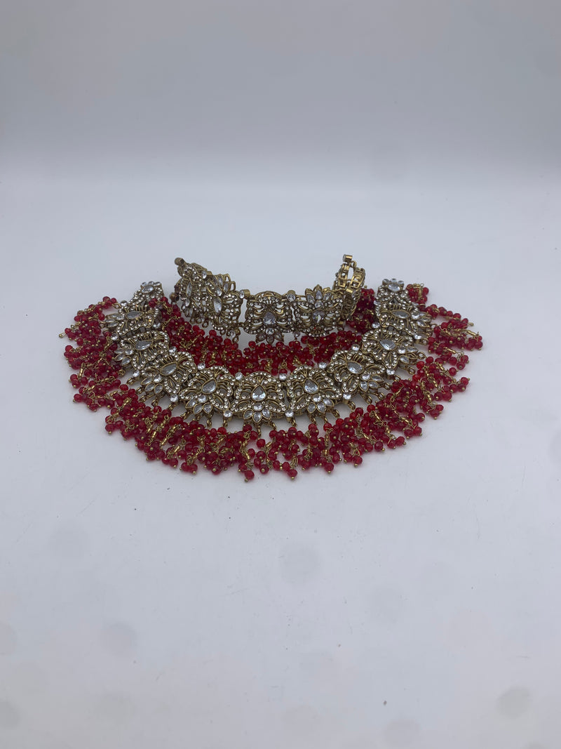 AM301 Gold and Red Bridal necklace and choker set Polki
