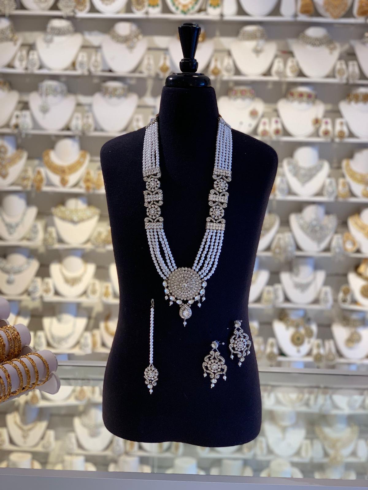 A10 Silver pearl long necklace set image 0