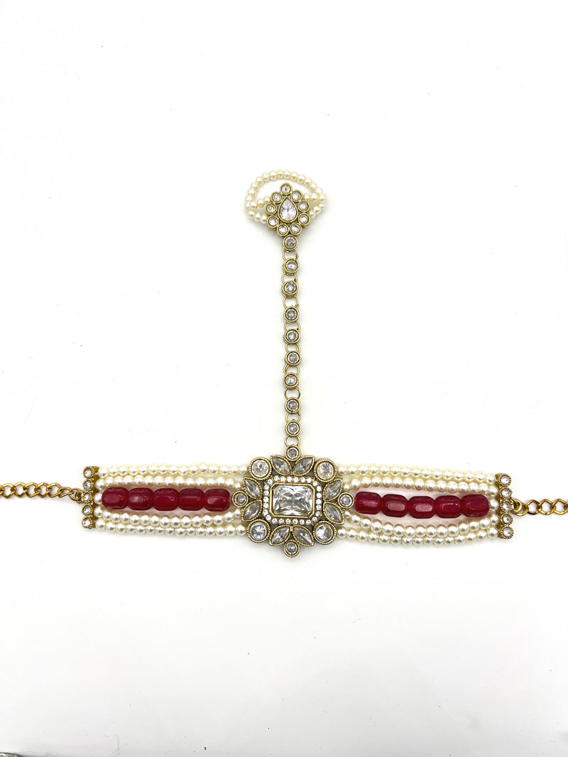 Kundan & pearl handpiece- maroon  image 0