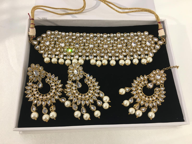 P10 Gold and white polki choker set image 3