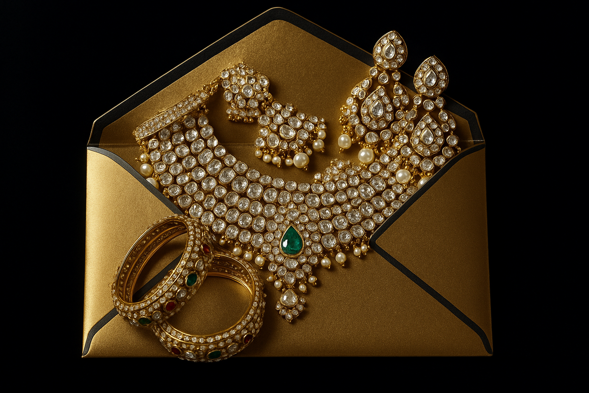 pakistani jewellery from chohansonline.com inside an envelope. the envelope needs to be golden with black trim. it needs to look premium. the jewellery should be sparkly and in kundan style